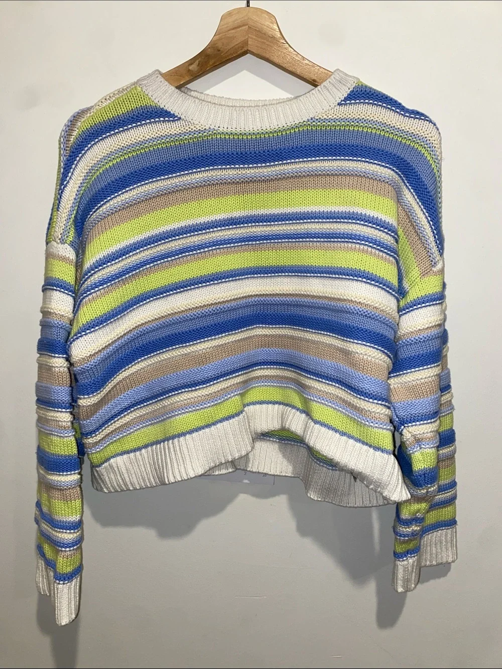 GAP Striped Cropped Crewneck Sweater in Blue, Lime, Cream & Tan